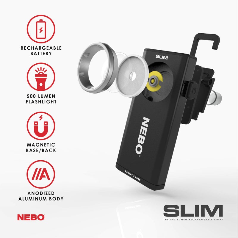 NEBO SLIM Pocket Flashlight | 500 Lumens, Rechargeable Mini EDC Work Light, Magnetic Base & Dimmable Brightness, Durable & Water Resistant, Includes Charging Cable â€” Black - Image 2
